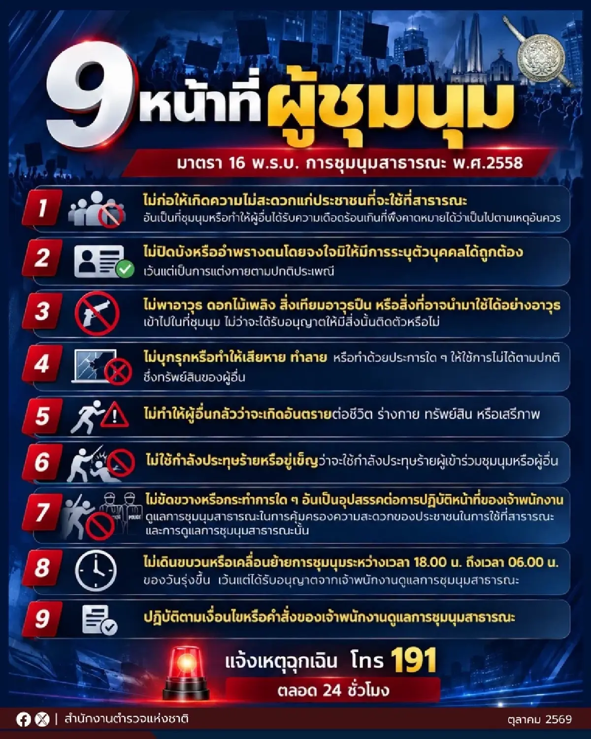 ม็อบพระราม 4 ตำรวจยันไม่ใช้ความรุนแรง ย้ำ 9 หน้าที่ผู้ชุมนุม