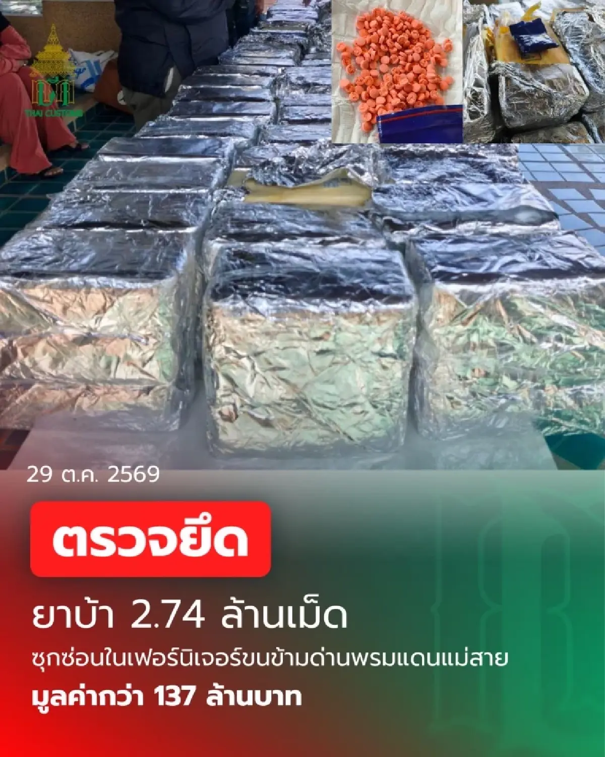 'ศุลกากร' สกัดจับยาบ้า 2.74 ล้านเม็ด ซุกซ่อนในเฟอร์นิเจอร์ ลอบผ่านชายแดนแม่สาย
