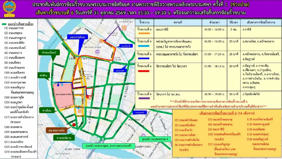 เช็กเส้นทางเลี่ยง 31 ต.ค.69 ซ้อมริ้วขบวนพระบรมราชอิสริยยศ 06.30 - 19.30 น.