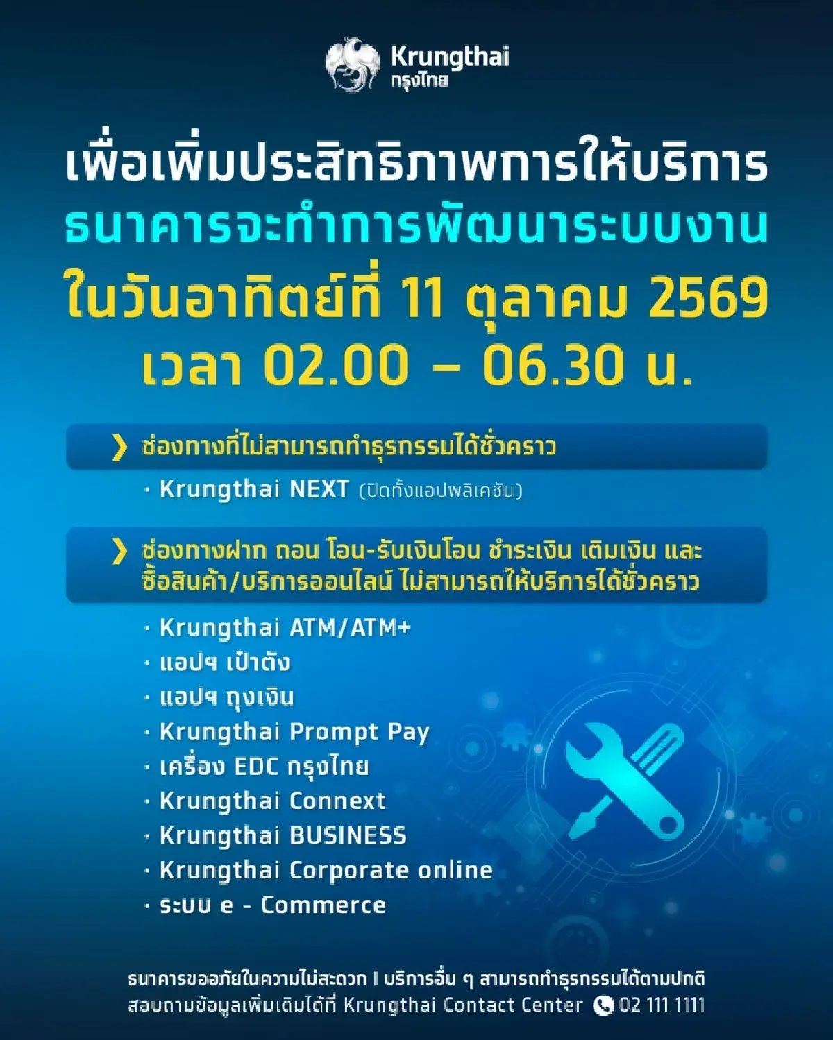 กรุงไทย ปิดปรับปรุงระบบ 11 ต.ค. นี้ แอปฯ Krungthai NEXT - เป๋าตัง และ ATM ใช้งานไม่ได้