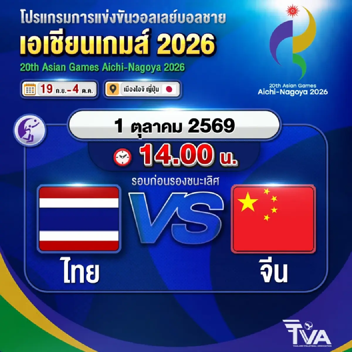 ลิงค์ดูสดฟรี ถ่ายทอดสดวอลเลย์บอลชาย 'ไทย พบ จีน' เอเชียนเกมส์ 2026