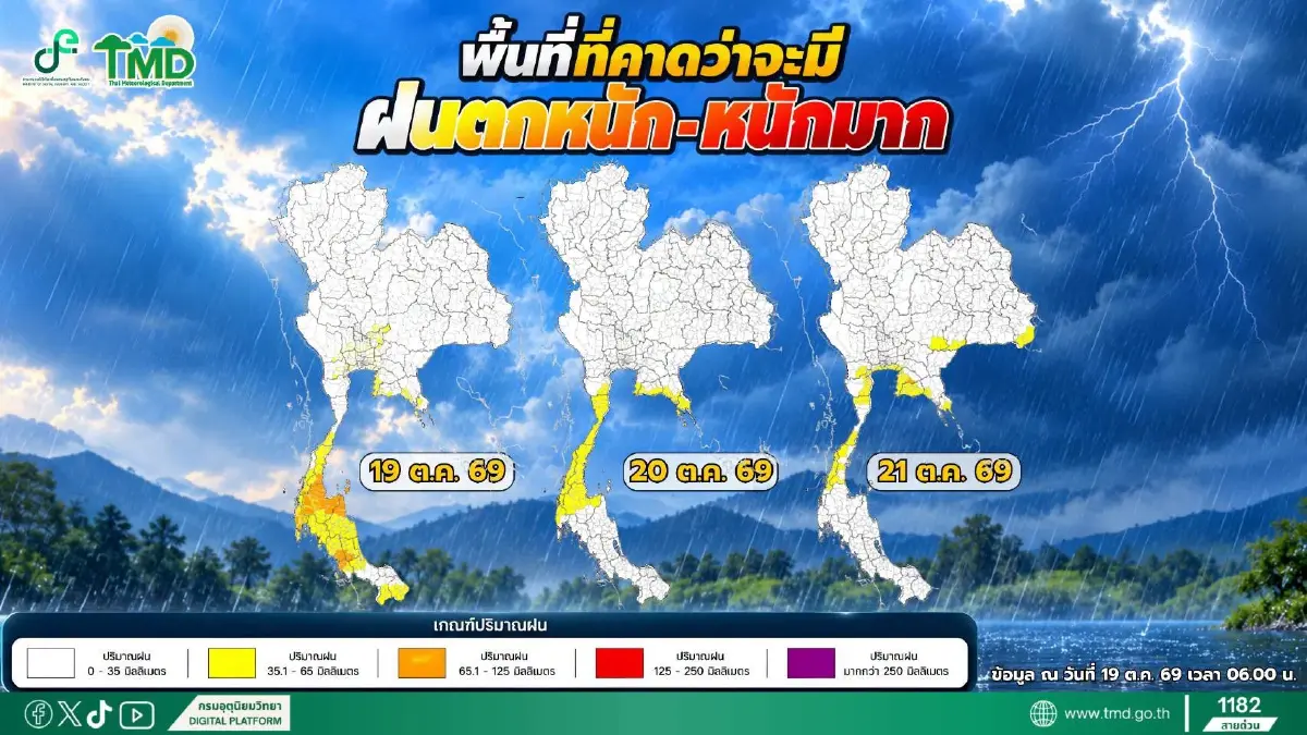 ฝนตกรายวัน ประกาศกรมอุตุ ฉบับ 5 แจ้งรายชื่อจังหวัดมีฝนยาวถึงสิ้นเดือน