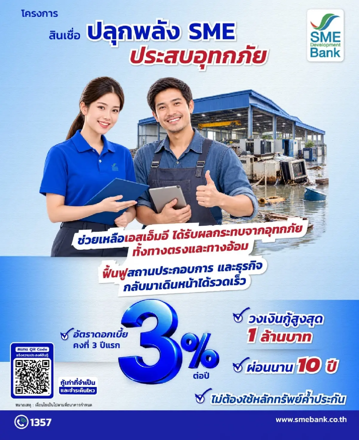 "SME D Bank" ดัน "สินเชื่อปลุกพลัง SME" ฟื้นฟูธุรกิจหลังน้ำท่วม ดอกเบี้ย 3% ต่อปี ไม่ต้องค้ำประกัน