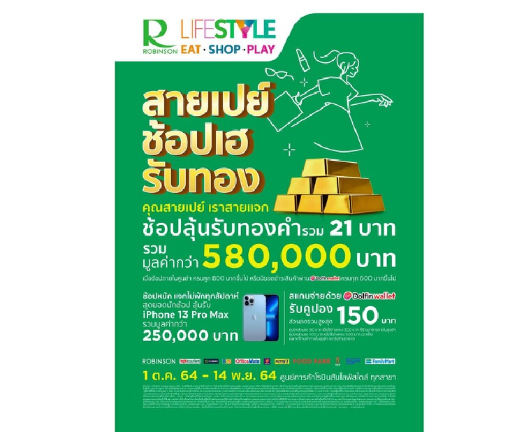 ศูนย์การค้าโรบินสันไลฟ์สไตล์ จัดโปรแรงเอาใจนักช้อป “สายเปย์ ช้อปเฮ รับทอง”