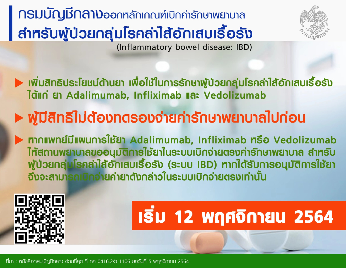 บัญชีกลางอนุมัติค่ารักษาผู้ป่วยโรคลำไส้อักเสบเรื้อรังเริ่ม12 พ.ย.นี้