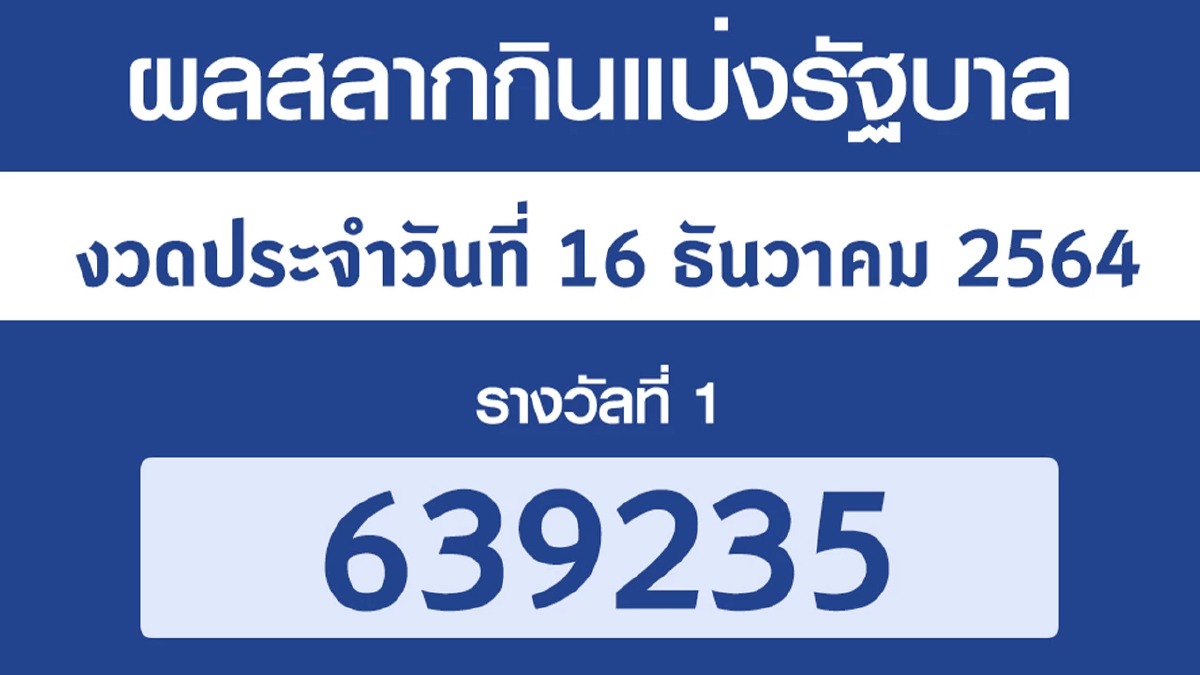 ผลสลากกินแบ่งรัฐบาล งวด 16 ธันวาคม 2564
