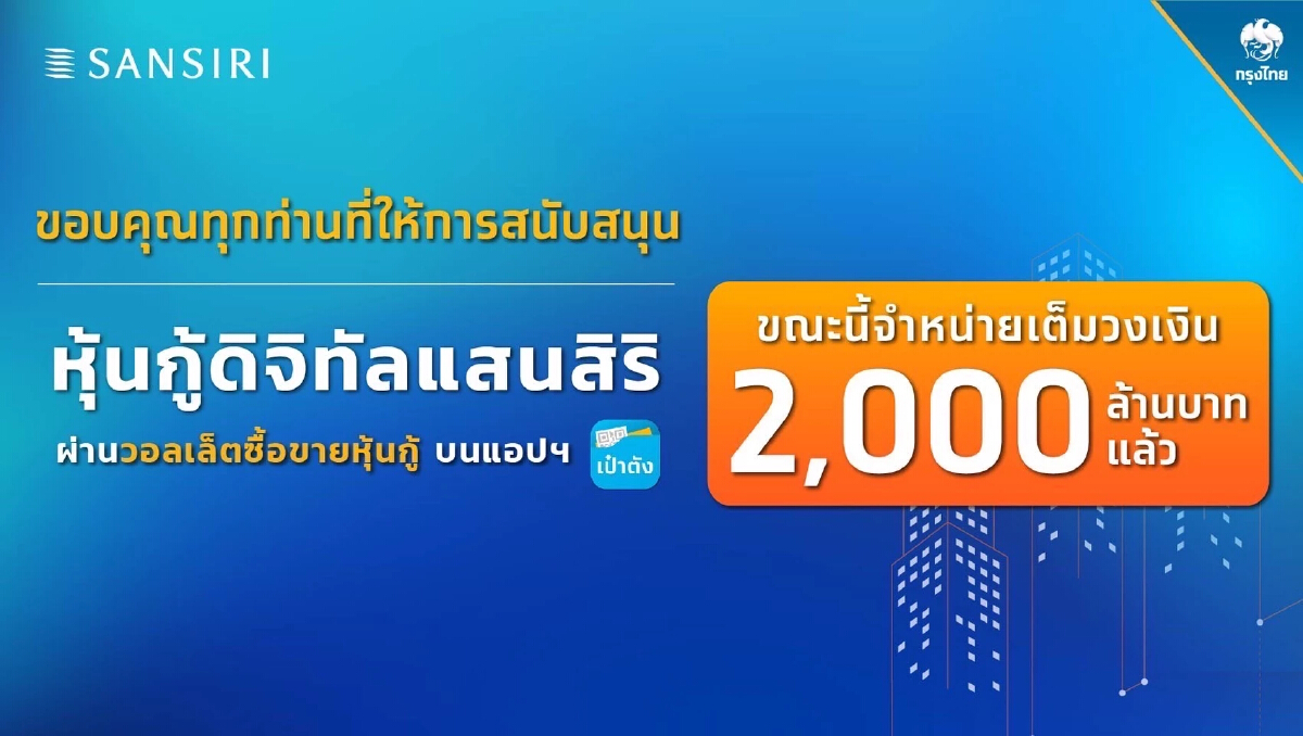 ทุบสถิติใหม่! “หุ้นกู้ดิจิทัลแสนสิริ” บนเป๋าตัง เกลี้ยง 2 พันล้าน ใน 3.38 นาที