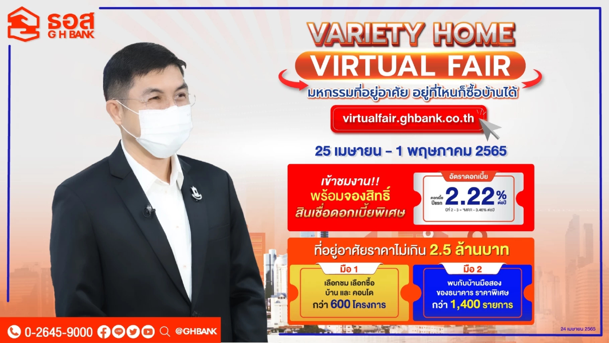ธอส.จัดมหกรรมที่อยู่อาศัยออนไลน์พบบ้านและคอนโดใหม่ราคาไม่เกิน 2.5 ล้าน เริ่ม25เม.ย.นี้