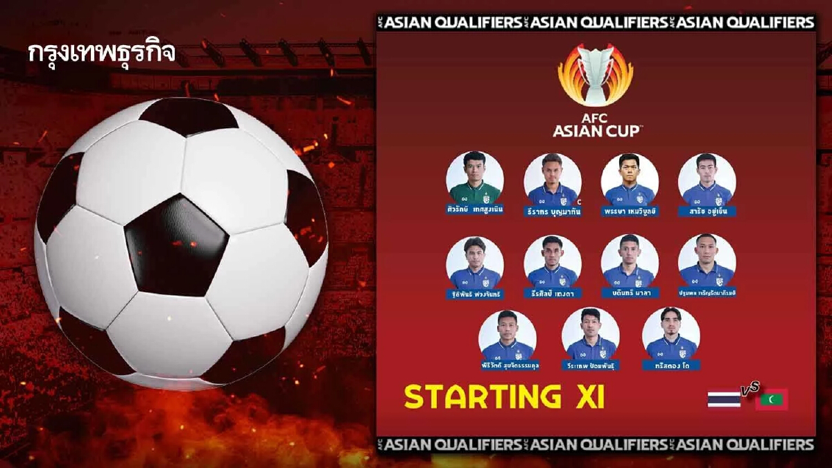เปิดรายชื่อ 11 ผู้เล่นตัวจริง ทีมชาติไทย ลุย มัลดีฟส์