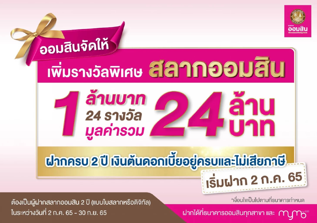 ออมสินจัดให้ เพิ่มรางวัลพิเศษสลากออมสิน 1 ล้านบาท 24 รางวัล