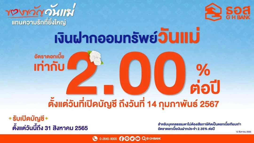 ธอส. ชวนออมเงินรับวันแม่ให้อัตราดอกเบี้ยสูงถึง 2% ต่อปี