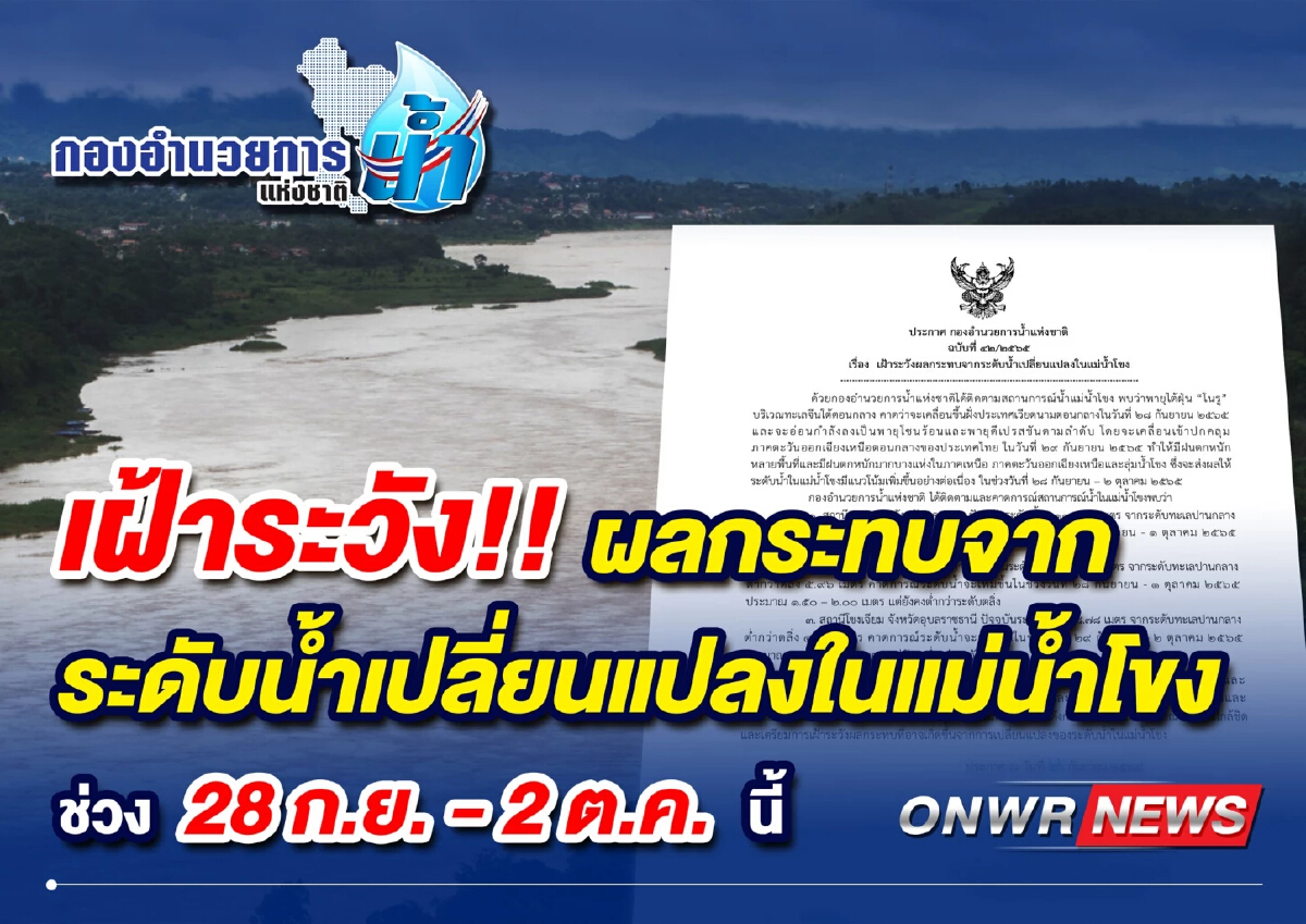 เตือนเฝ้าระวังการระดับน้ำเปลี่ยนแปลงในแม่น้ำโขง ช่วง 28 ก.ย. - 2 ต.ค. นี้