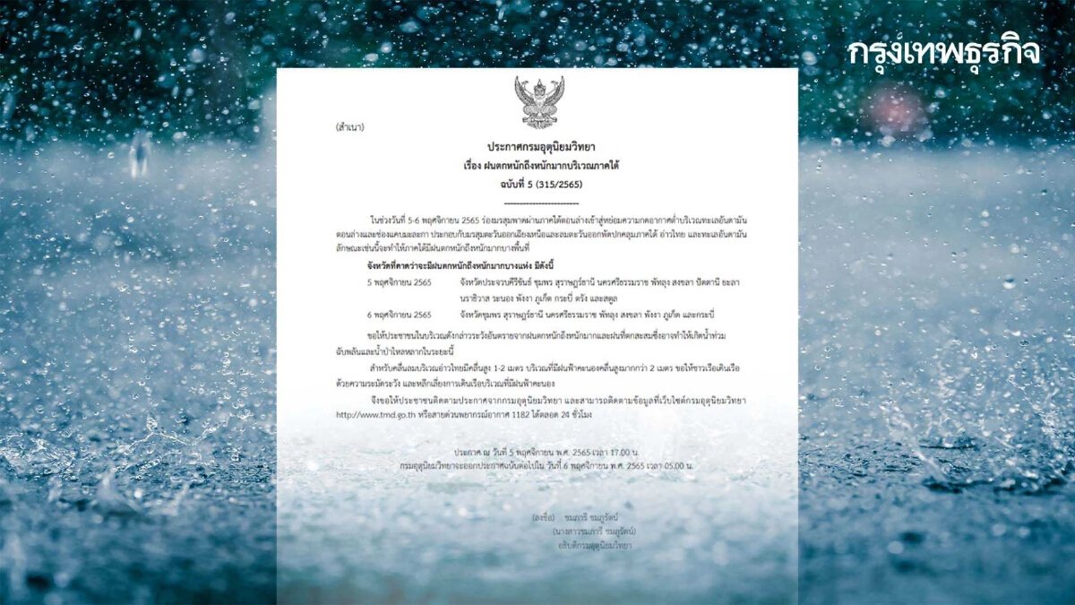 ประกาศล่าสุด ฉ.5 กรมอุตุฯเตือน 15 จังหวัดภาคใต้ "ฝนตกหนัก" 5-6 พ.ย.65