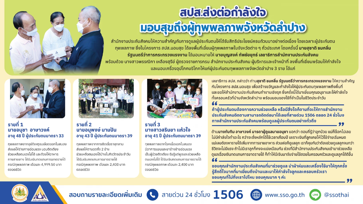 “ขอบคุณที่ไม่ทิ้งเราไปไหน” เสียงแห่งความยินดี จากครอบครัวผู้ทุพพลภาพ จังหวัดลำปางส่งถึง สปส.มอบสุข