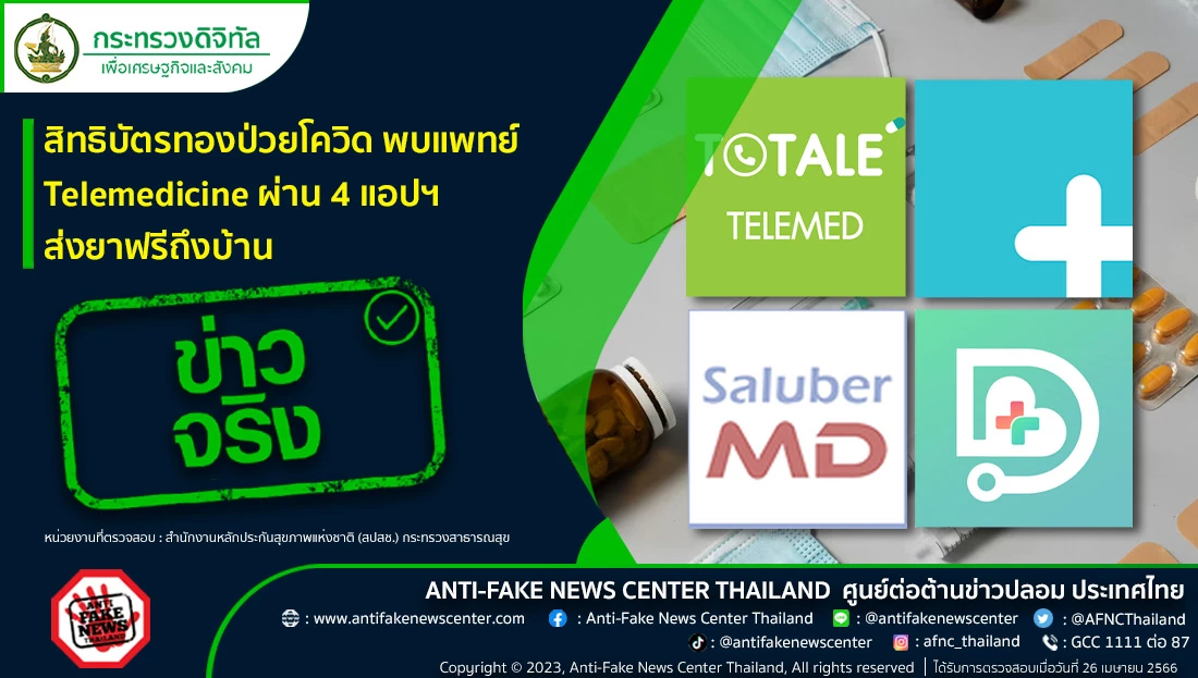 สิทธิบัตรทองป่วยโควิด พบแพทย์ Telemedicine ผ่าน 4 แอปฯ ส่งยาฟรีถึงบ้าน