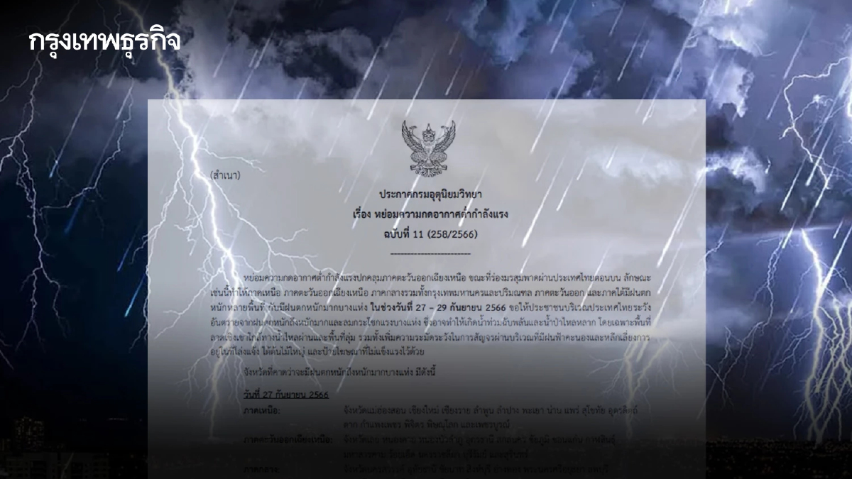 กรมอุตุฯ เตือน ฉ.11 ฝนตกหนัก 27-29 ก.ย. อ่วมหลายจังหวัดเจอทั้งฝน-ลมกระโชกแรง