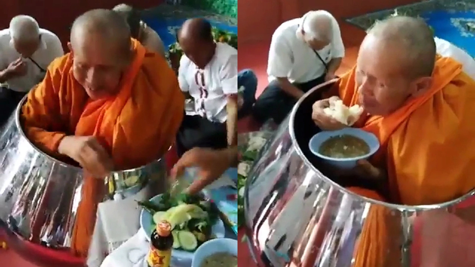 โซเชียลกระหึ่ม 'พระนั่งฉันข้าวในบาตร' ทำเพื่ออะไร