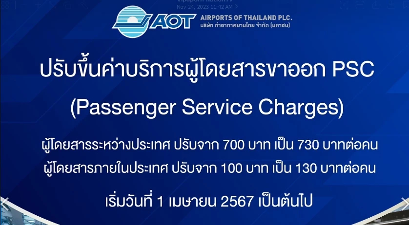 ทอท.ดีเดย์ 1 เม.ย. เก็บค่า PSC เพิ่ม 30 บาท/คน