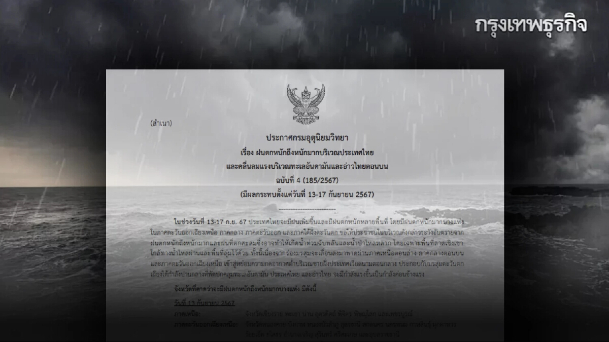 ประกาศ ฉ.4 กรมอุตุฯเตือน 45 จว. - กทม. ฝนตกหนักถึงหนักมาก คลื่นลมแรง 13-17 ก.ย.