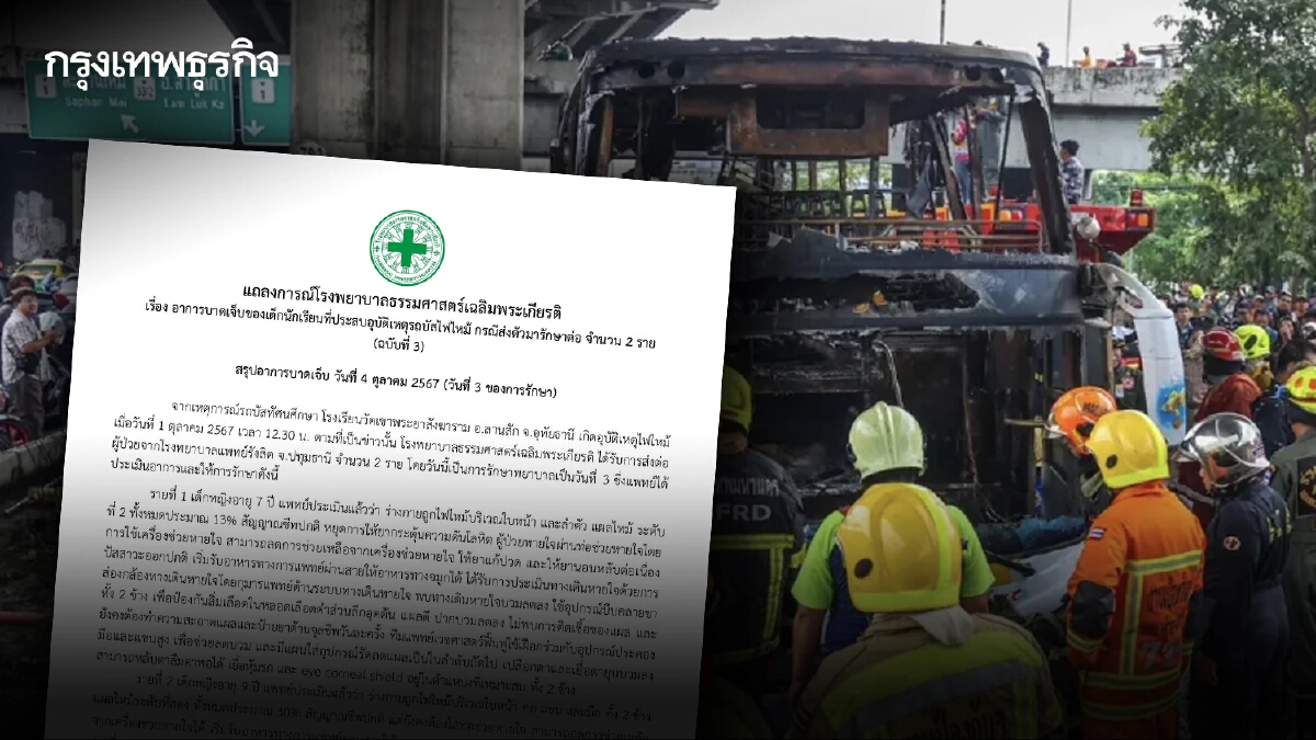 อัปเดตเหตุ ไฟไหม้รถบัส รพ.ธรรมศาสตร์ฯ ออกแถลงการณ์ ฉ.3 อาการล่าสุด 2 นักเรียน