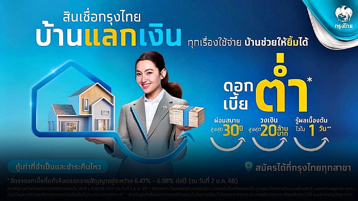 เช็ก สินเชื่อกรุงไทย บ้านแลกเงิน ดอกเบี้ยต่ำ วงเงินสูงสุด 20 ล้าน ผ่อนนาน 30 ปี