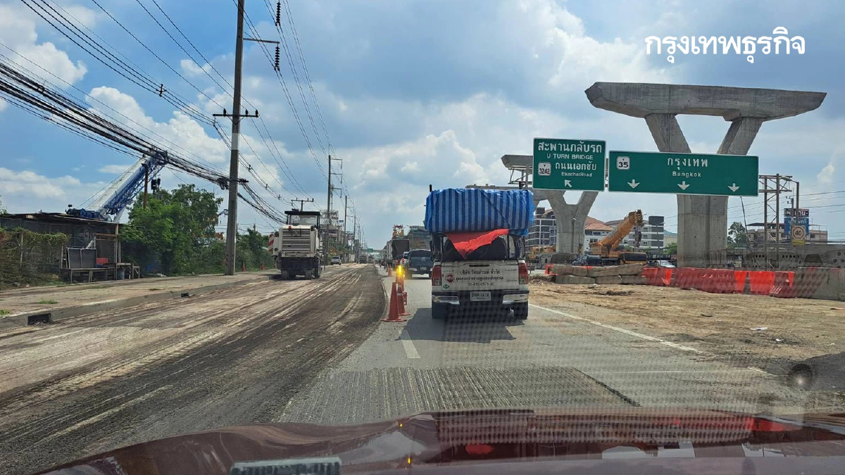 ถนนพระราม 2 มุ่งหน้ามหาชัย กม.24 รถติดหนัก เหตุขูดผิวทางจราจร