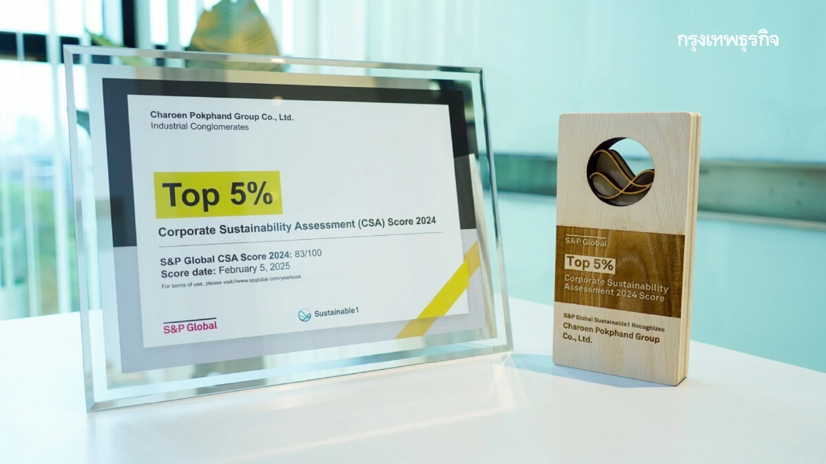 S&P Global มอบโล่รางวัลความยั่งยืนระดับโลกให้ 'เครือซีพี' หลังติดอันดับ Top 5% กลุ่มอุตสาหกรรม