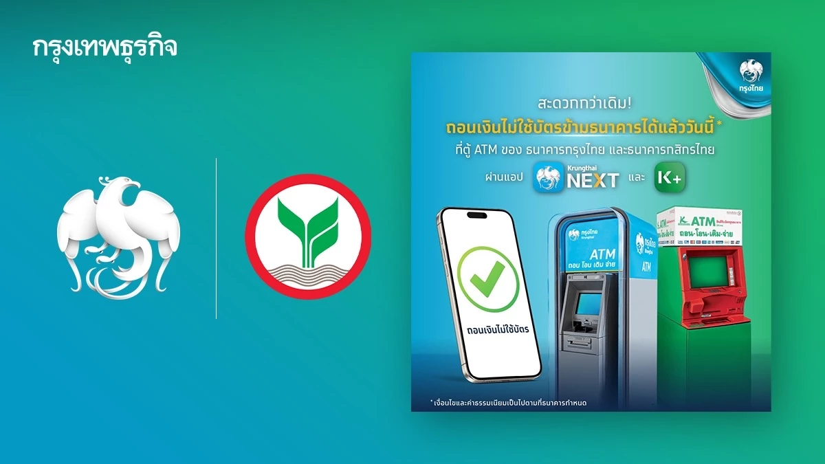 “กรุงไทย-กสิกรไทย”เปิด ‘ถอนเงินไม่ใช้บัตร’ ข้าม2ธนาคารผ่าน ATM