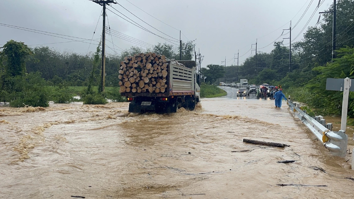เส้นทางเกาะช้างอัมพาต ฝนถล่มตราด น้ำหลากท่วมถนนสูง รถติดยาว