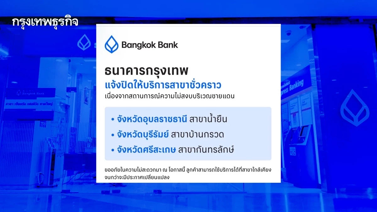 แบงก์กรุงเทพ แจ้งปิด 3 สาขาชั่วคราว จากความไม่สงบชายแดนไทย-กัมพูชา