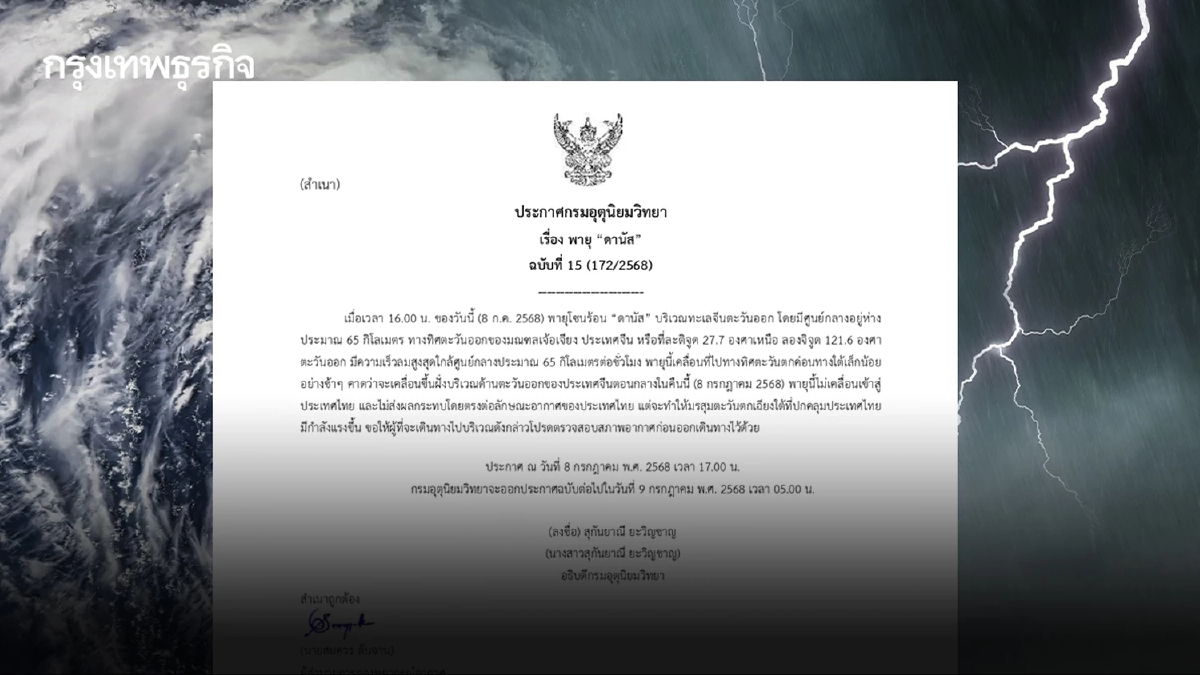 ประกาศ ฉ.15 'พายุดานัส' ขึ้นฝั่งจีนคืนนี้ ทั่วไทยฝนตกหนัก กทม. 70%