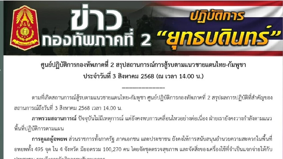 ทภ.2 ชี้ ชายแดนไทย-กัมพูชา พบความเคลื่อนไหวต่อเนื่อง เตรียมแผนรับมือ