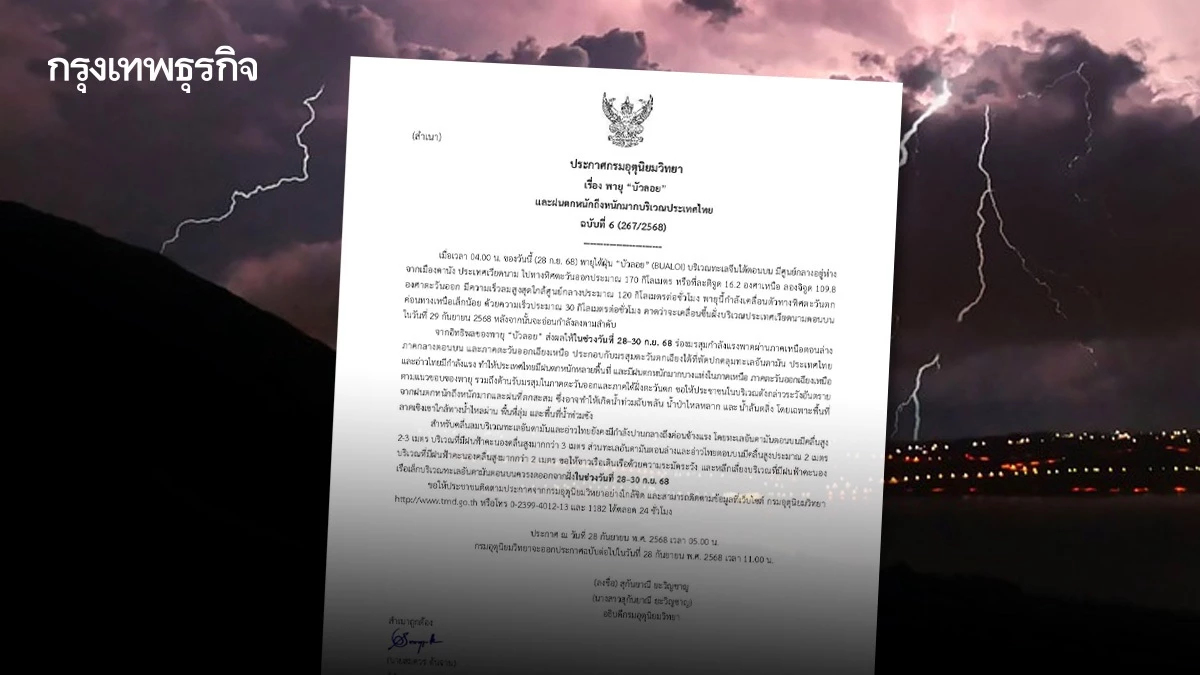 ประกาศกรมอุตุ ฉ.6 พายุบัวลอย ขึ้นฝั่งพรุ่งนี้ 'เหนือ อีสาน' เจอฝนหนัก