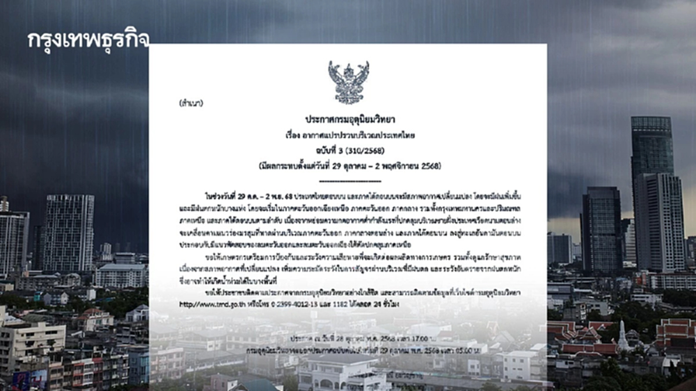 เตือน อากาศแปรปรวน ฉ.3 ไทยมีฝนเพิ่มขึ้น ฝนตกหนัก 29 ต.ค. - 2 พ.ย. กทม.โดนด้วย