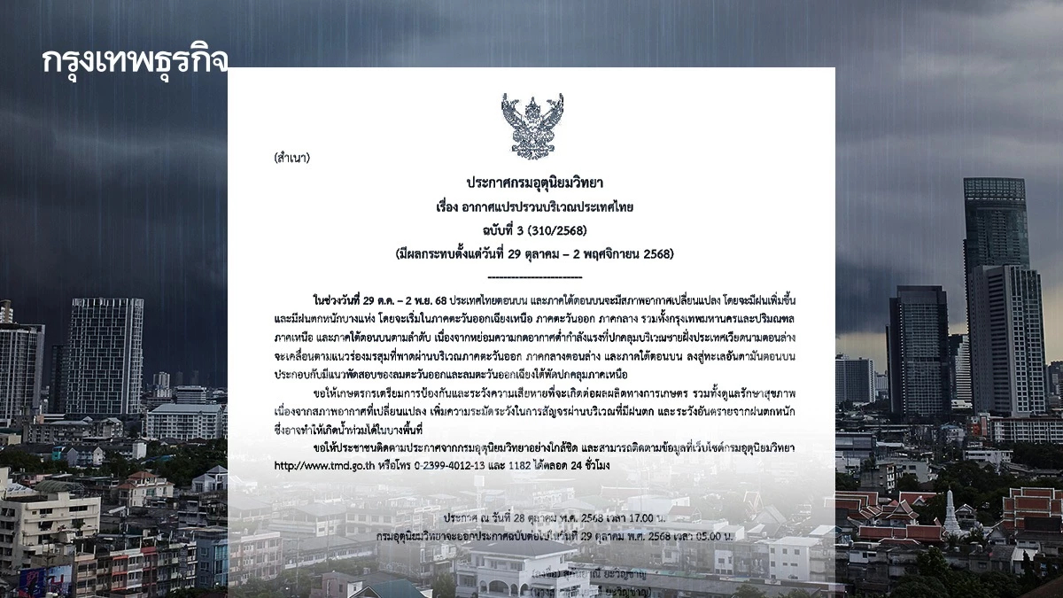 เตือน อากาศแปรปรวน ฉ.3 ไทยมีฝนเพิ่มขึ้น ฝนตกหนัก 29 ต.ค. - 2 พ.ย. กทม.โดนด้วย