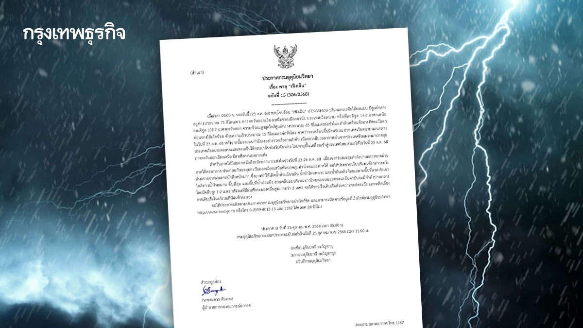 ประกาศกรมอุตุ ฉ.15 ‘พายุเฟิงเฉิน’ ขึ้นฝั่งวันนี้ ไทยฝนตกหนัก 15 จว.