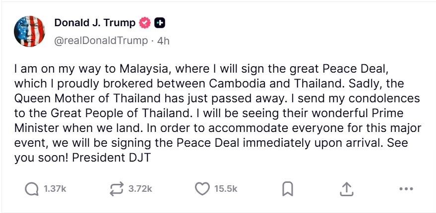 'ทรัมป์' จ่อพบอนุทิน ลั่น ลงนามสันติภาพไทย-กัมพูชาทันทีเมื่อถึงมาเลเซีย
