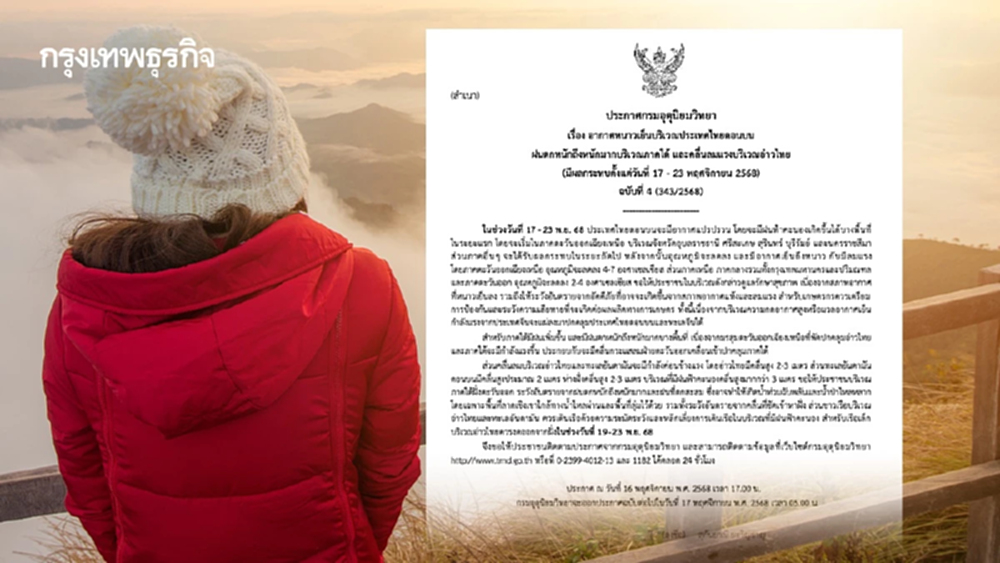 กรมอุตุฯ เตือน ฉบับที่ 4 อากาศแปรปรวน! ไทยตอนบน อุณหภูมิลดฮวบ 4 องศา