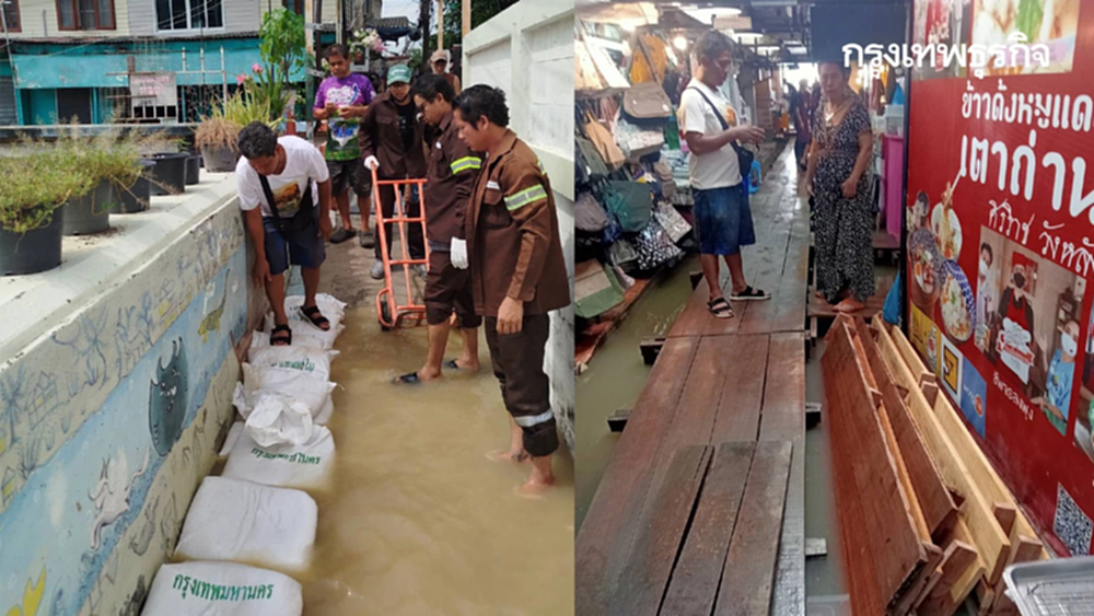 น้ำทะเลหนุนสูง บางกอกน้อย เร่งวางแนวกระสอบทราย เตือน กทม. มีฝน 40%