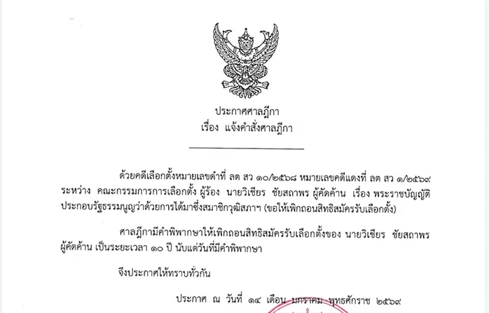 ศาลฎีกาฟัน 'วิเชียร ' พ้น สว. แบน 10 ปี ระบุประวัติไม่ตรงความจริง