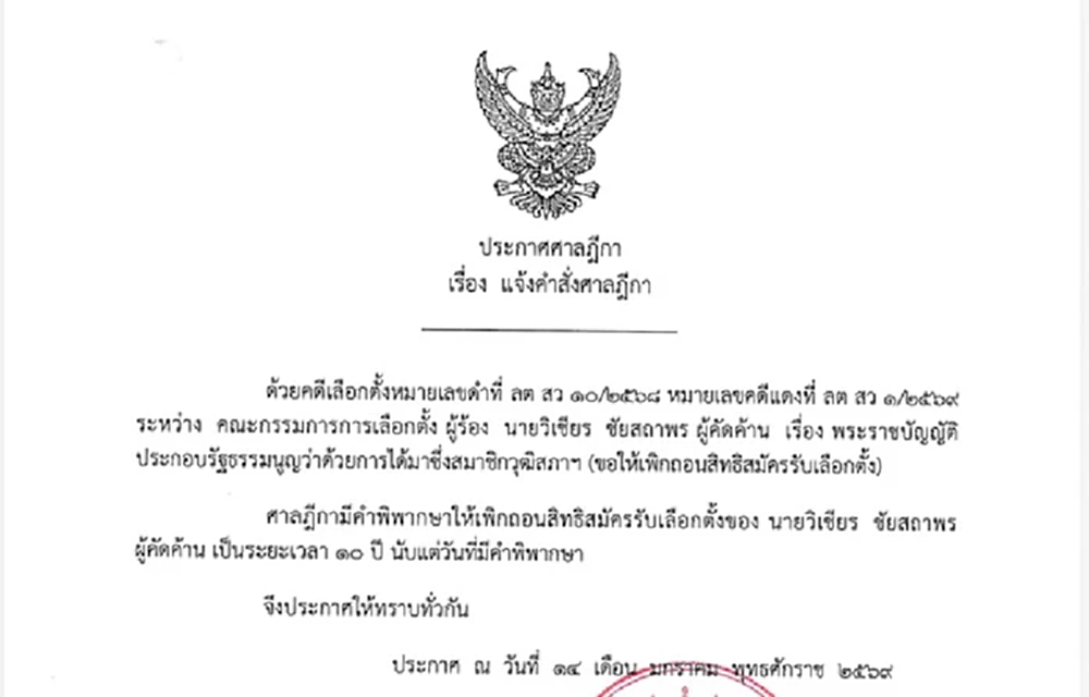 ศาลฎีกาฟัน 'วิเชียร ' พ้น สว. แบน 10 ปี ระบุประวัติไม่ตรงความจริง