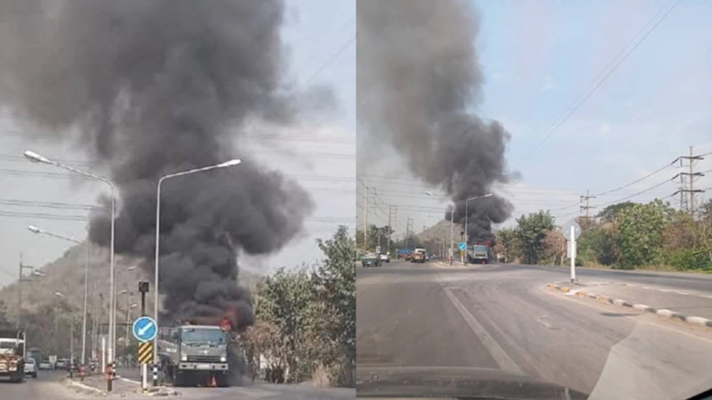 ระทึก  'ไฟไหม้รถทหาร' บนถนนเขาแก่นจันทร์ เมืองราชบุรี