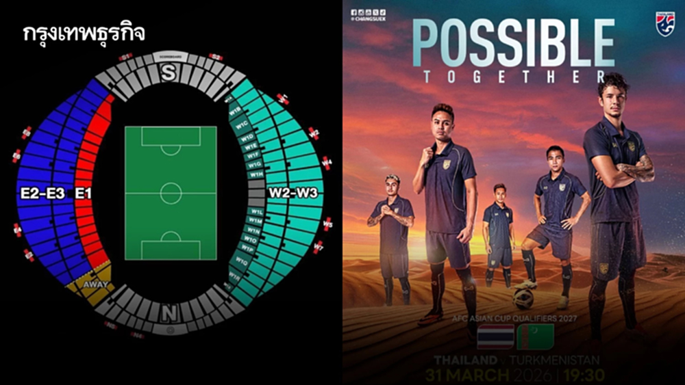 เปิดขายแล้ว! บัตรเชียร์ 'ทีมชาติไทย' ดวล 'เติร์กเมนิสถาน' เอเชียน คัพ 2027 รอบคัดเลือก