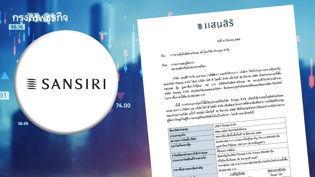 “SIRI” ขายหุ้นถิระคุณ 25 ล้านบาทให้ “โฟร์ พี โฮลดิ้ง” เดินหน้าร่วมทุนพัฒนาโครงการอสังหาฯ