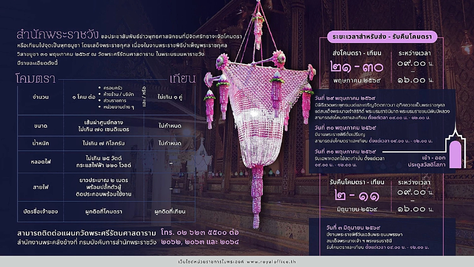 สำนักพระราชวัง เชิญชวนจัดโคมตราหรือเทียนไปจุดเป็นพุทธบูชา พระราชพิธีวิสาขบูชา 2569