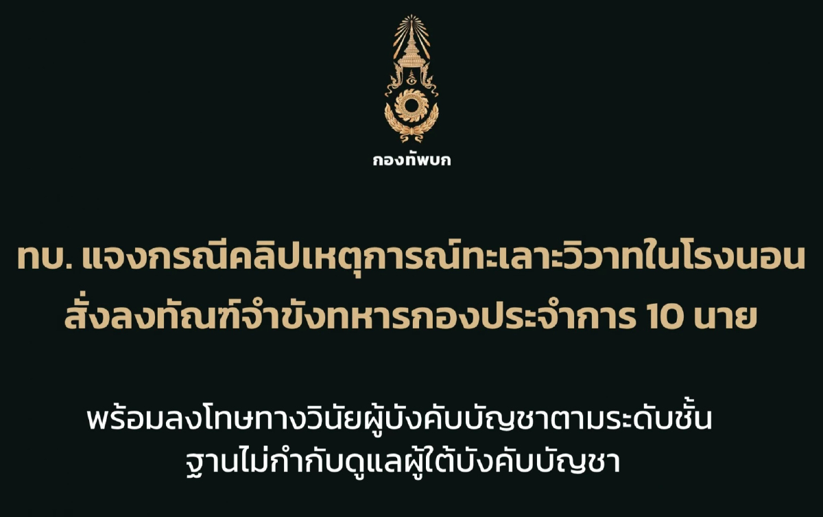 ทบ. ลงทัณฑ์กราวรูด 'พลทหาร -สิบเวร-ผบ.ร้อยฯ' เซ่น ชกต่อยในโรงนอน ค่ายธนะรัชต์