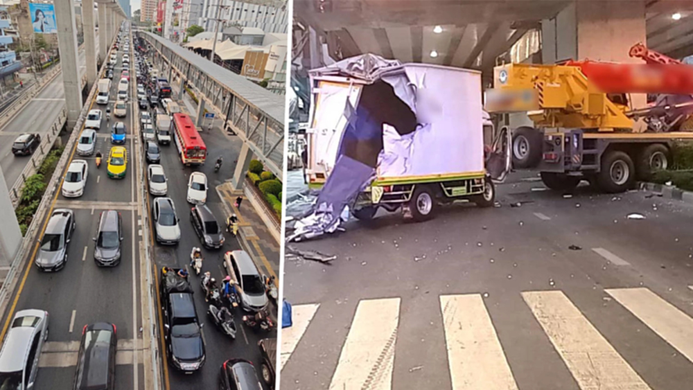 เลี่ยงด่วน รถติดมาก รถบรรทุกกับรถเครน ชนกัน กลางแยกลาดพร้าว 101