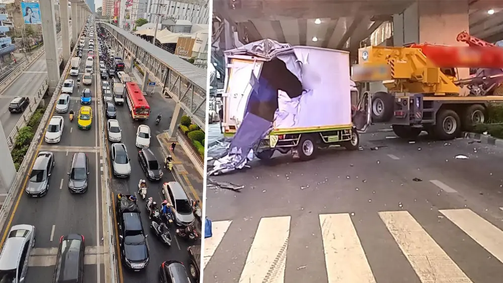 เลี่ยงด่วน รถติดมาก รถบรรทุกกับรถเครน ชนกัน กลางแยกลาดพร้าว 101