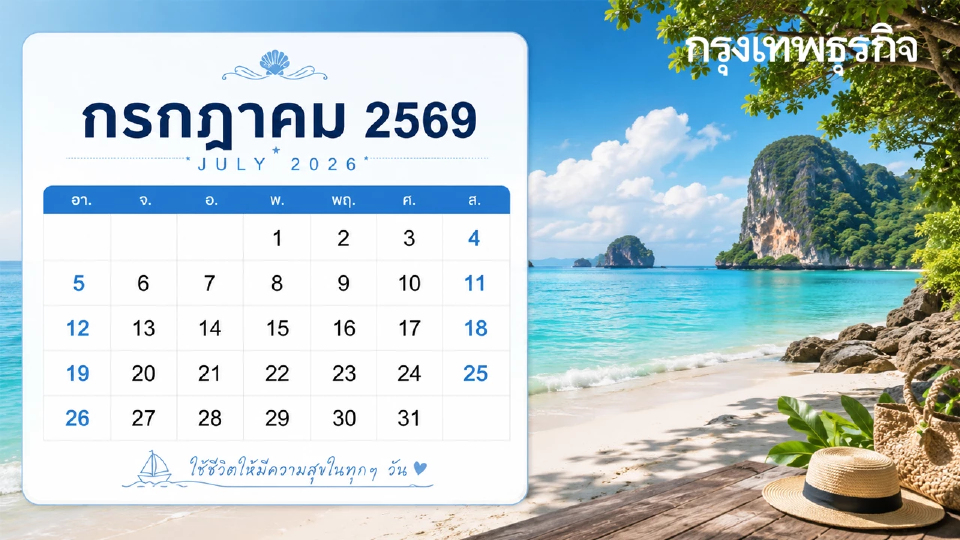 ปฏิทินวันหยุด 'กรกฎาคม 2569' ลาเพิ่มได้หยุดยาว 6 วันติด