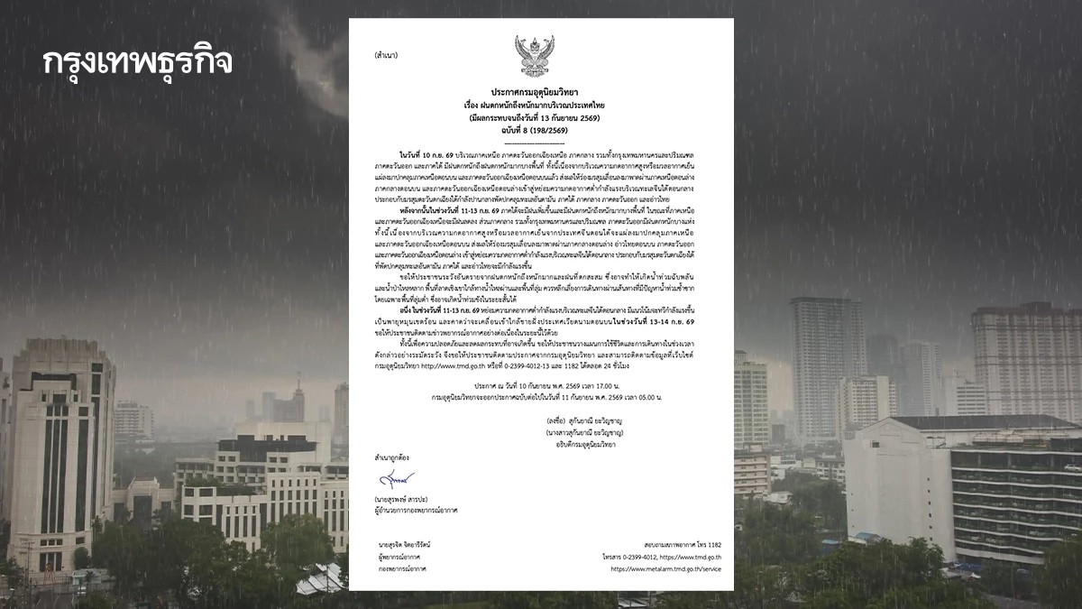 กรมอุตุฯ เตือน ฉบับ 8 ฝนตกหนักถึงหนักมากทั่วไทย-จับตาพายุลูกใหม่